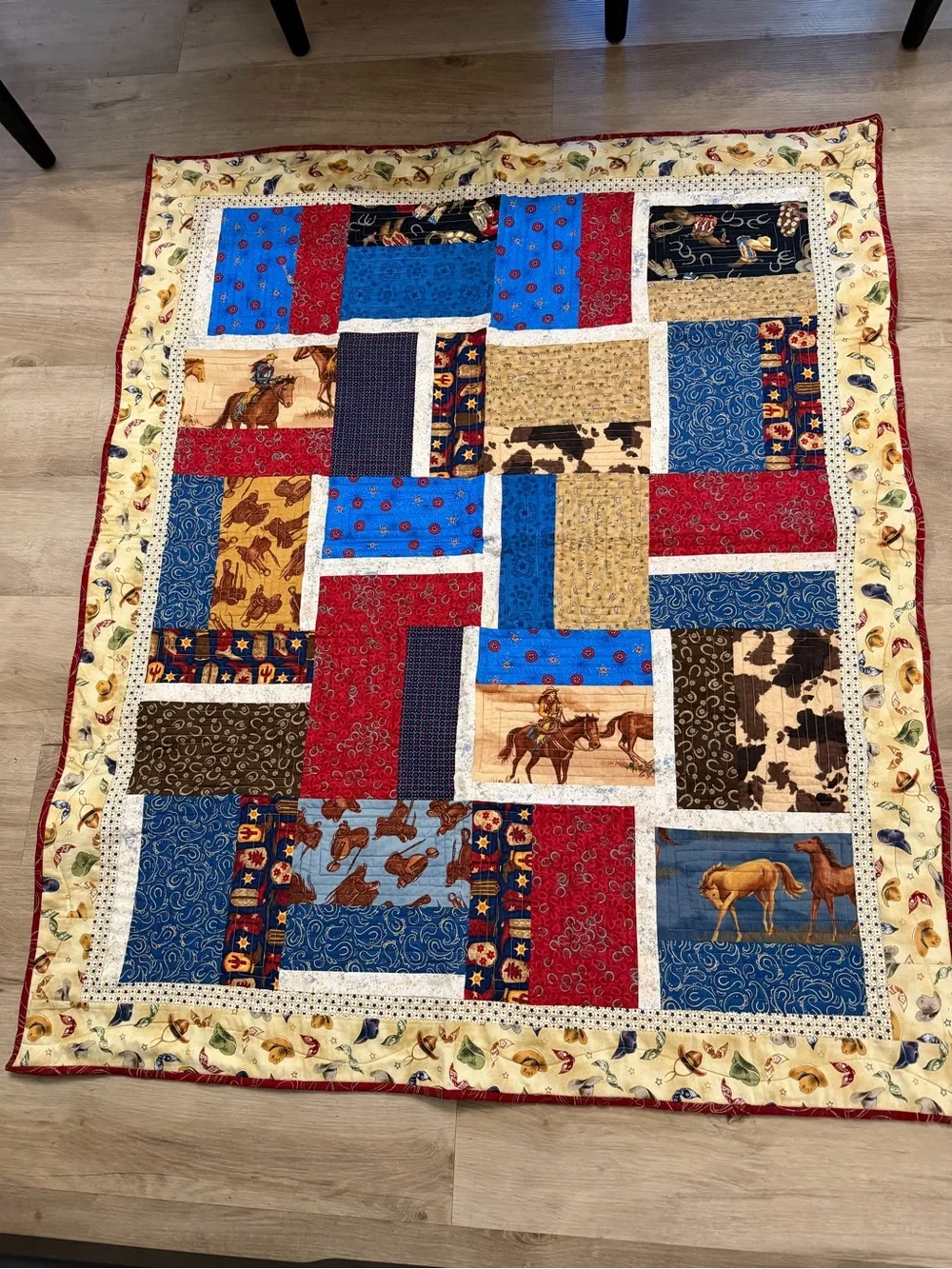 Handmade Western Cowboy Red Blue Quilt Lap Blanket 43
